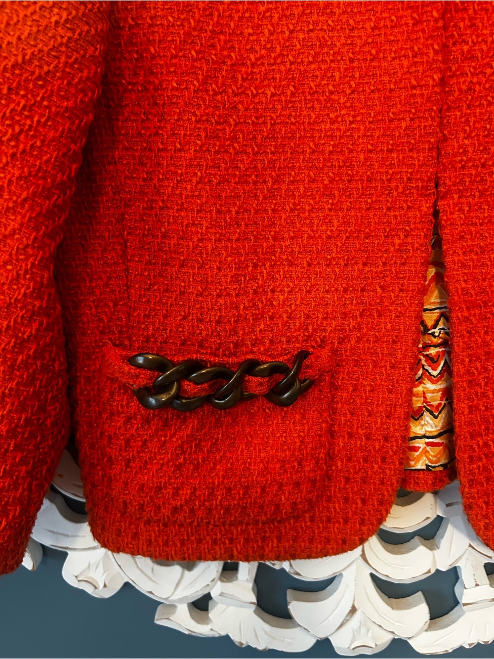 Anthropologie Orange  Tweed Cropped Jacket with Chain Trim - Picture 4 of 6
